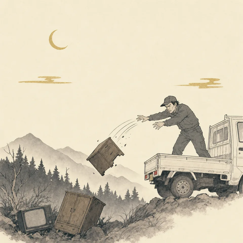 軽トラックの荷台から、山道に古いタンスを投げ捨てる回収業者のイラスト