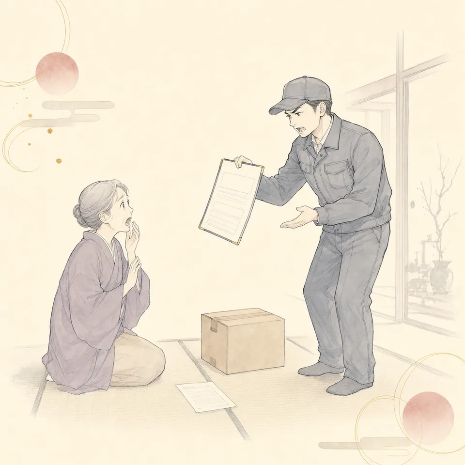 作業当日に追加料金の書類を差し出す作業員と、驚く高齢の女性のイラスト