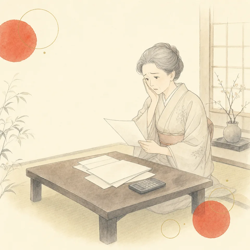 座卓の上に請求書と電卓を並べ、届いた請求額を見て困っている場面のイラスト