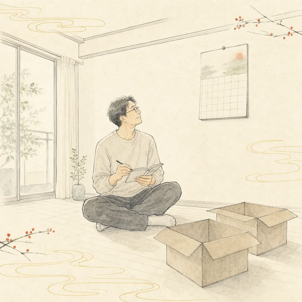 賃貸の部屋で、カレンダーの明け渡し日を見ながら段取りを考えている場面のイラスト