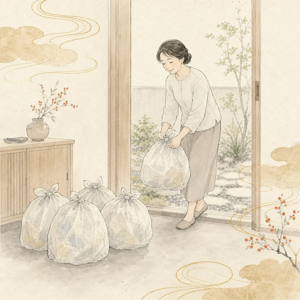 玄関先に積み上がったごみ袋を、一人で運び出そうとしている場面のイラスト