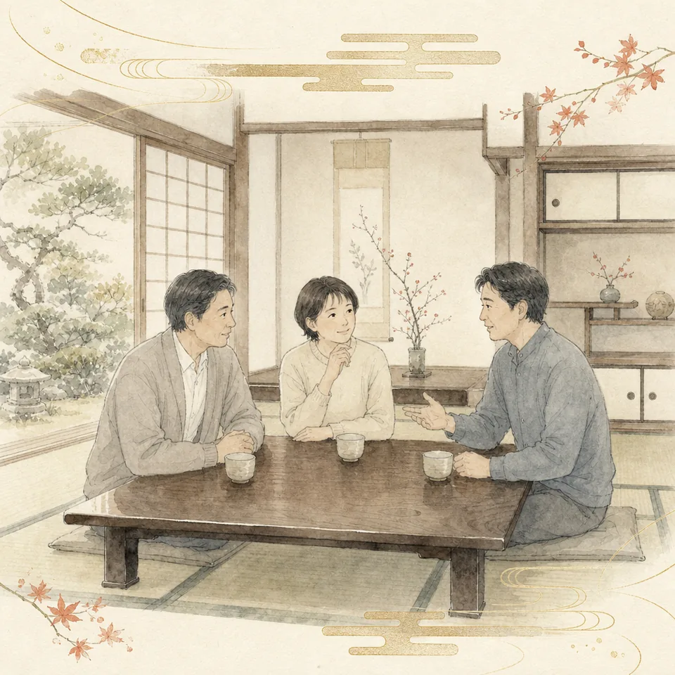 実家の居間で、きょうだいが並んで進め方を相談している場面のイラスト