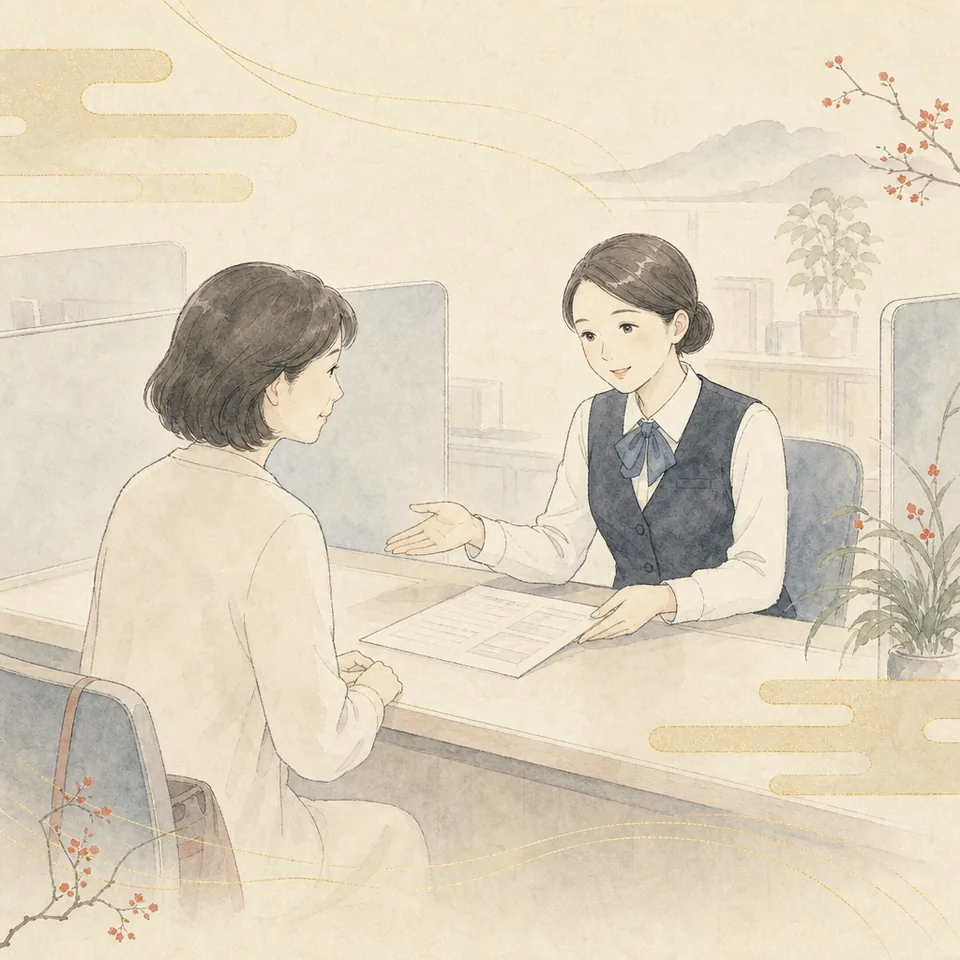 区役所の窓口で、職員に落ち着いた様子で相談している場面のイラスト