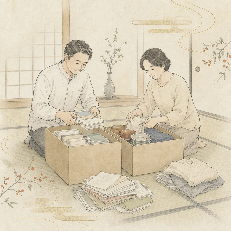 箱に「探す」「残す」の札を付けて、書類と家財を仕分けしている場面のイラスト