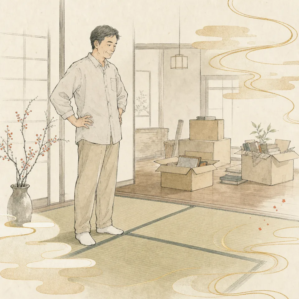 床が見えてきた和室で、片付いた部分を見ている場面のイラスト