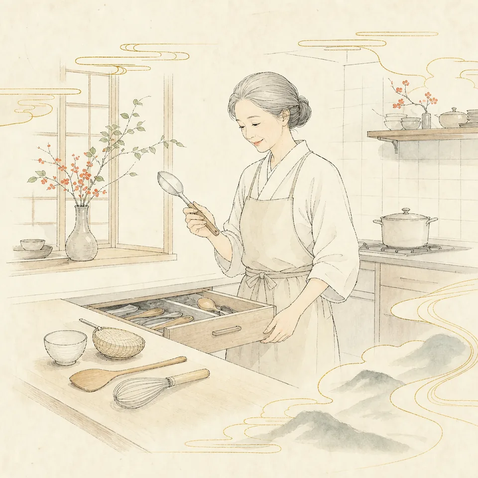 台所の引き出しを一つだけ開けて、使う道具を選び分けている場面のイラスト