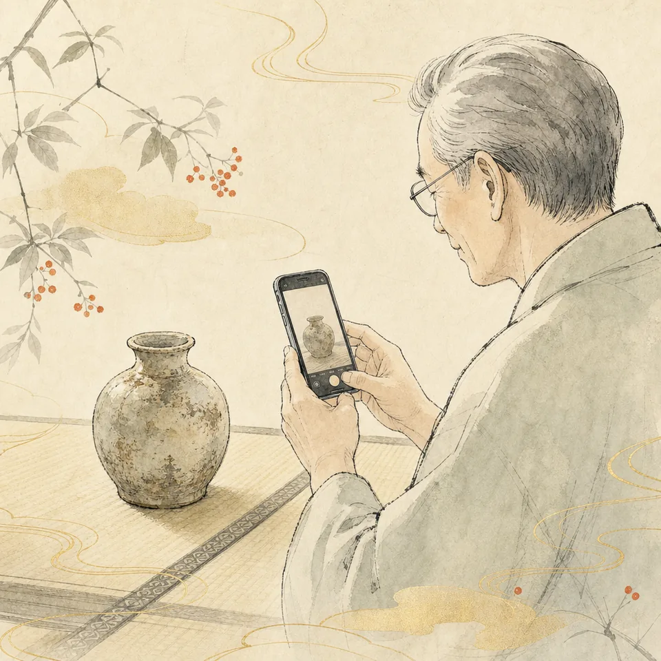 使わなくなった品物を、手放す前にスマートフォンで撮っている場面のイラスト