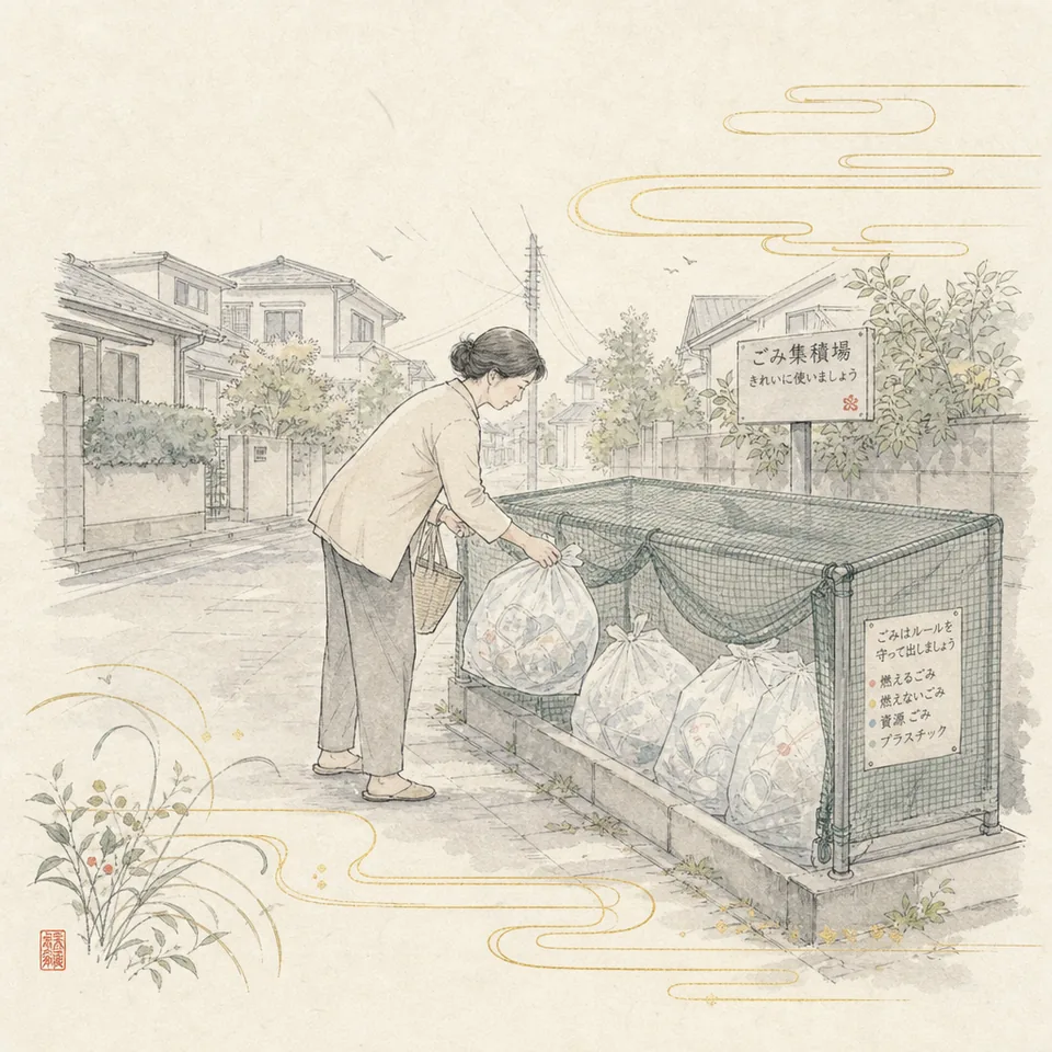 自宅前の集積場に、分別したごみ袋を自分で出している場面のイラスト