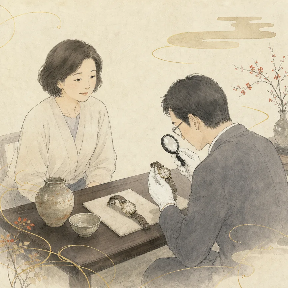 買取業者に、古い時計や食器を見てもらっている場面のイラスト
