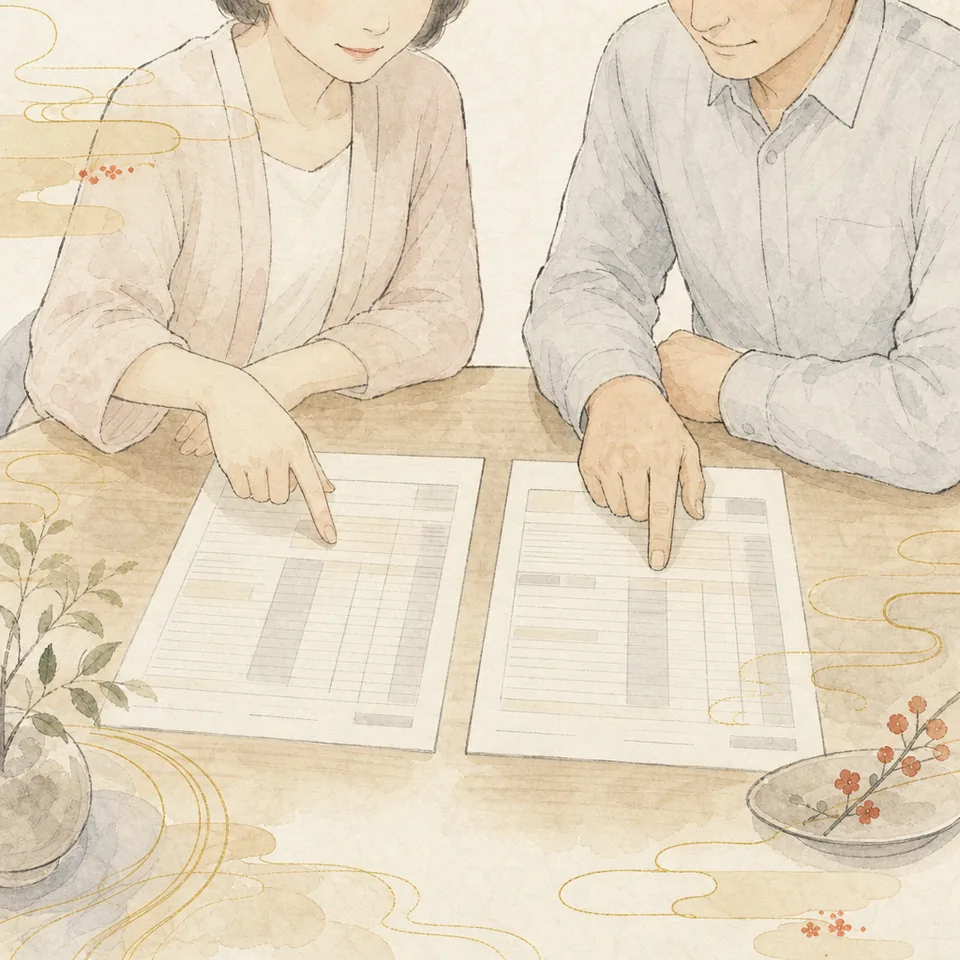 見積書を2枚並べて、内訳を見比べている場面のイラスト