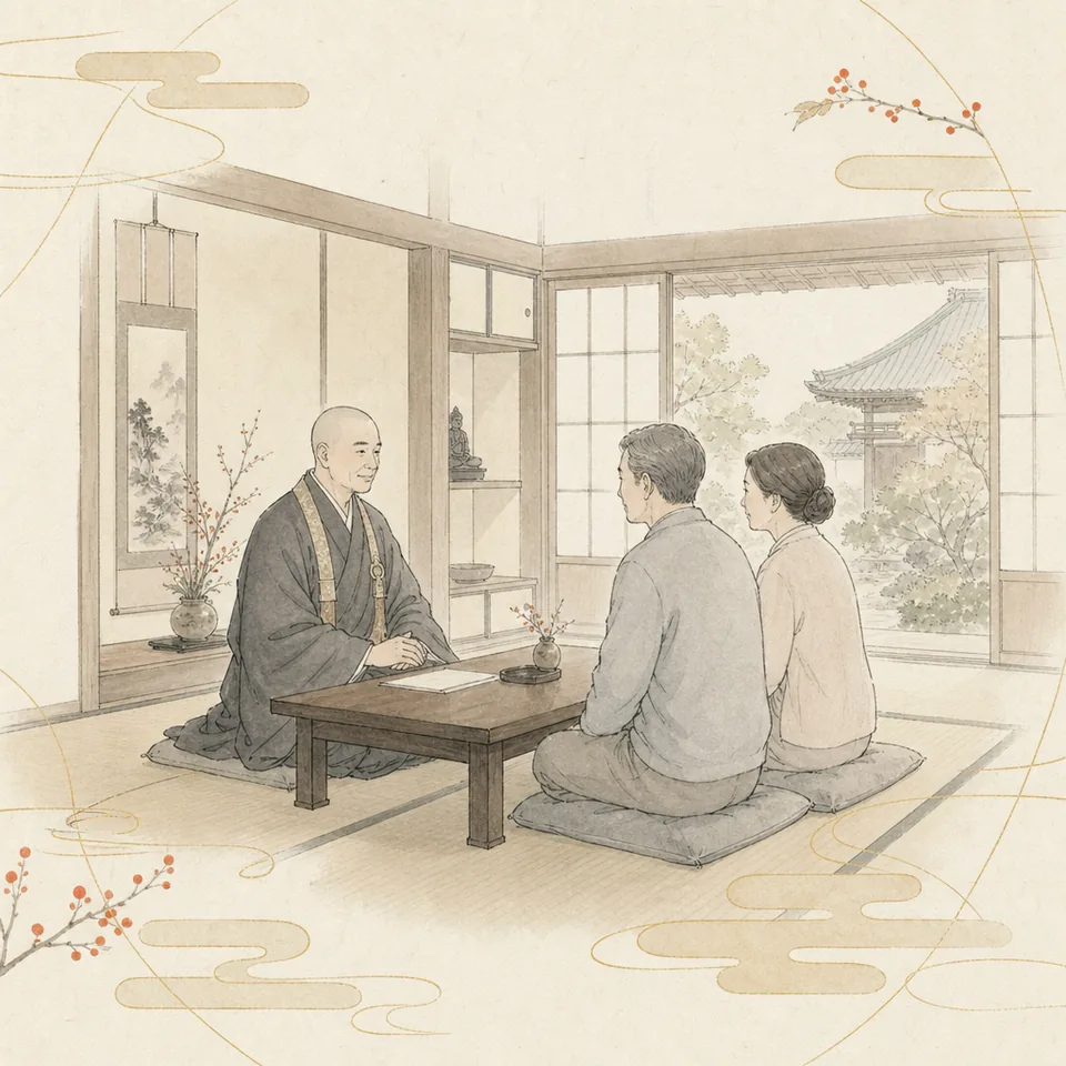 寺院の座敷で、僧侶と夫婦が座卓をはさんで穏やかに相談している場面のイラスト