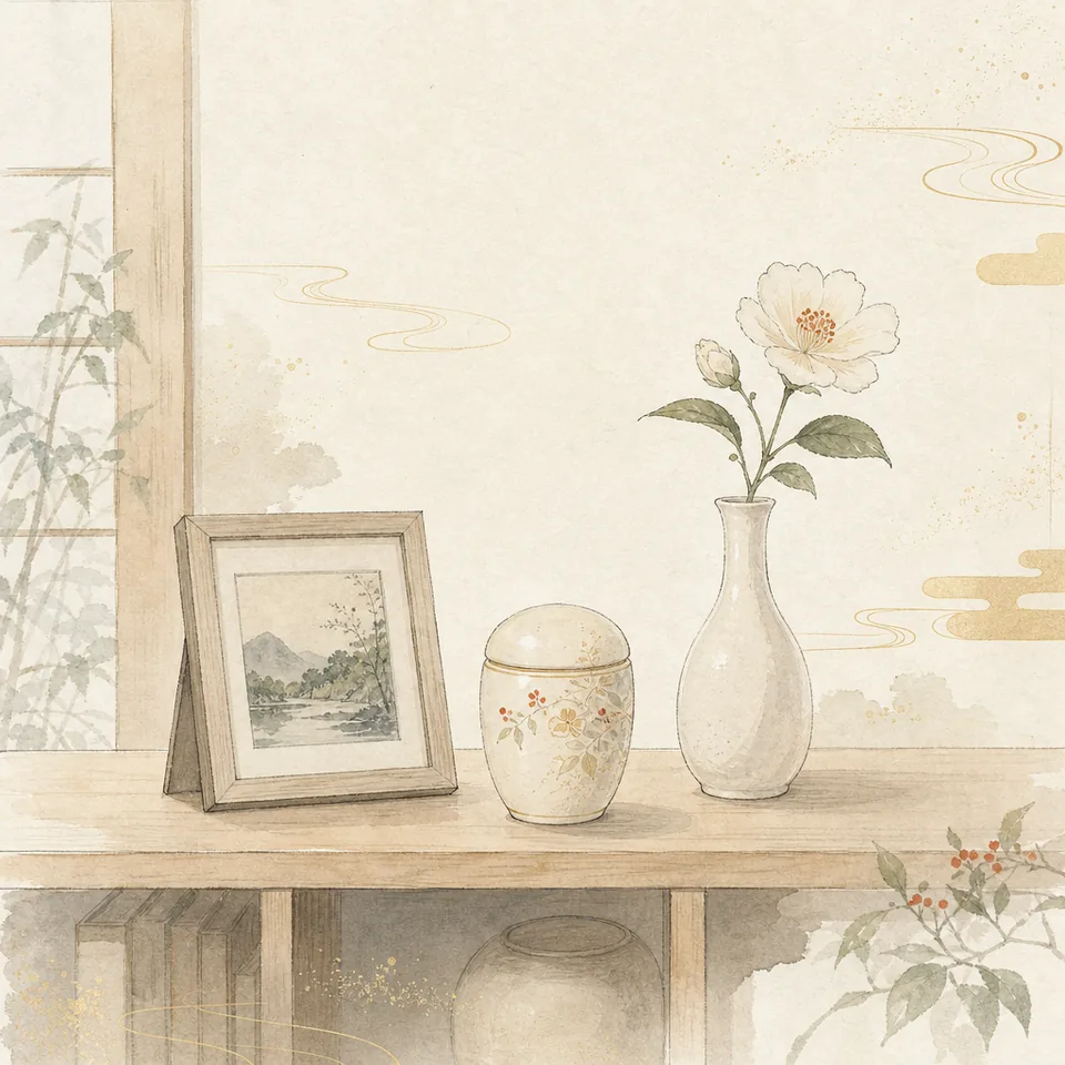 居間の木の棚に、小さな写真立てと手のひらに収まる容器、一輪の花が並べて置かれている場面のイラスト