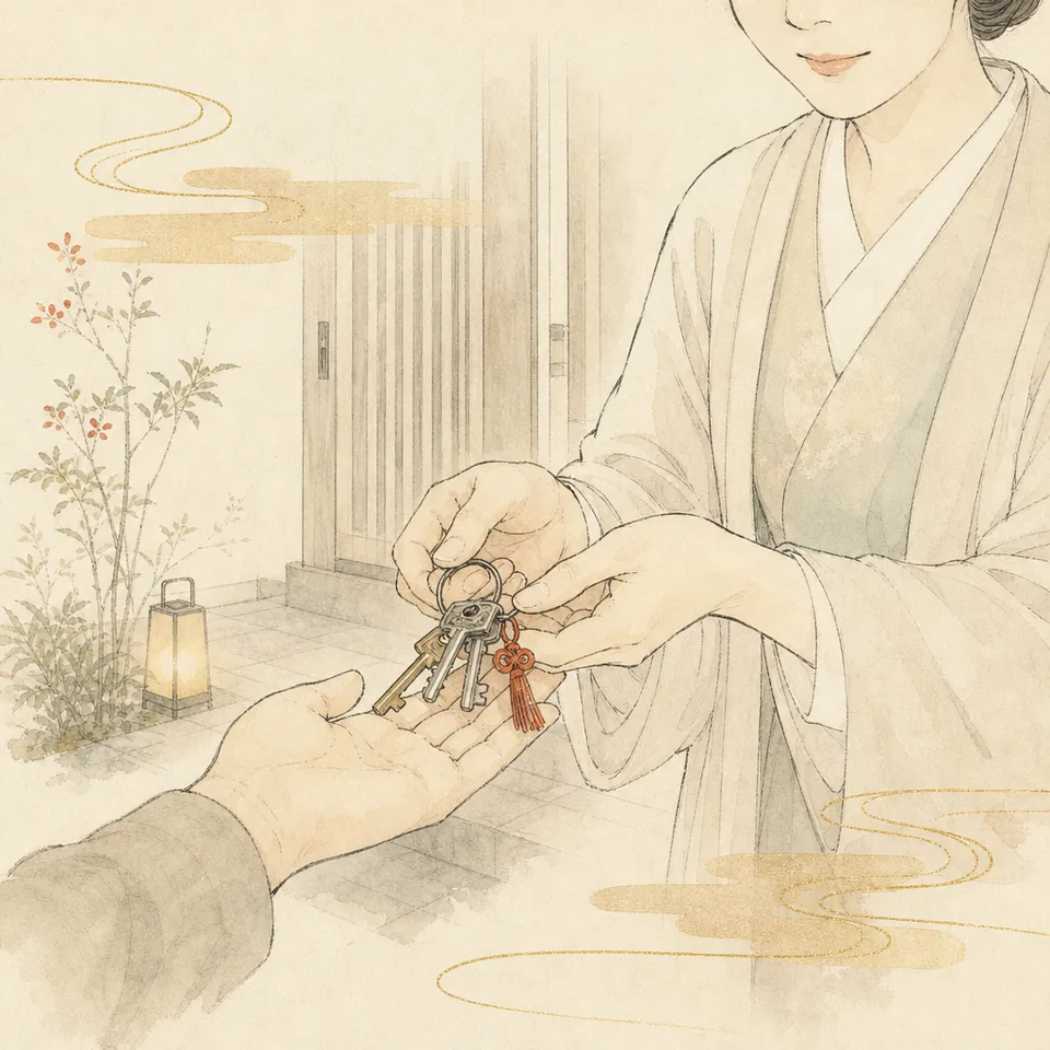 玄関先で鍵の束を相手に渡している場面のイラスト