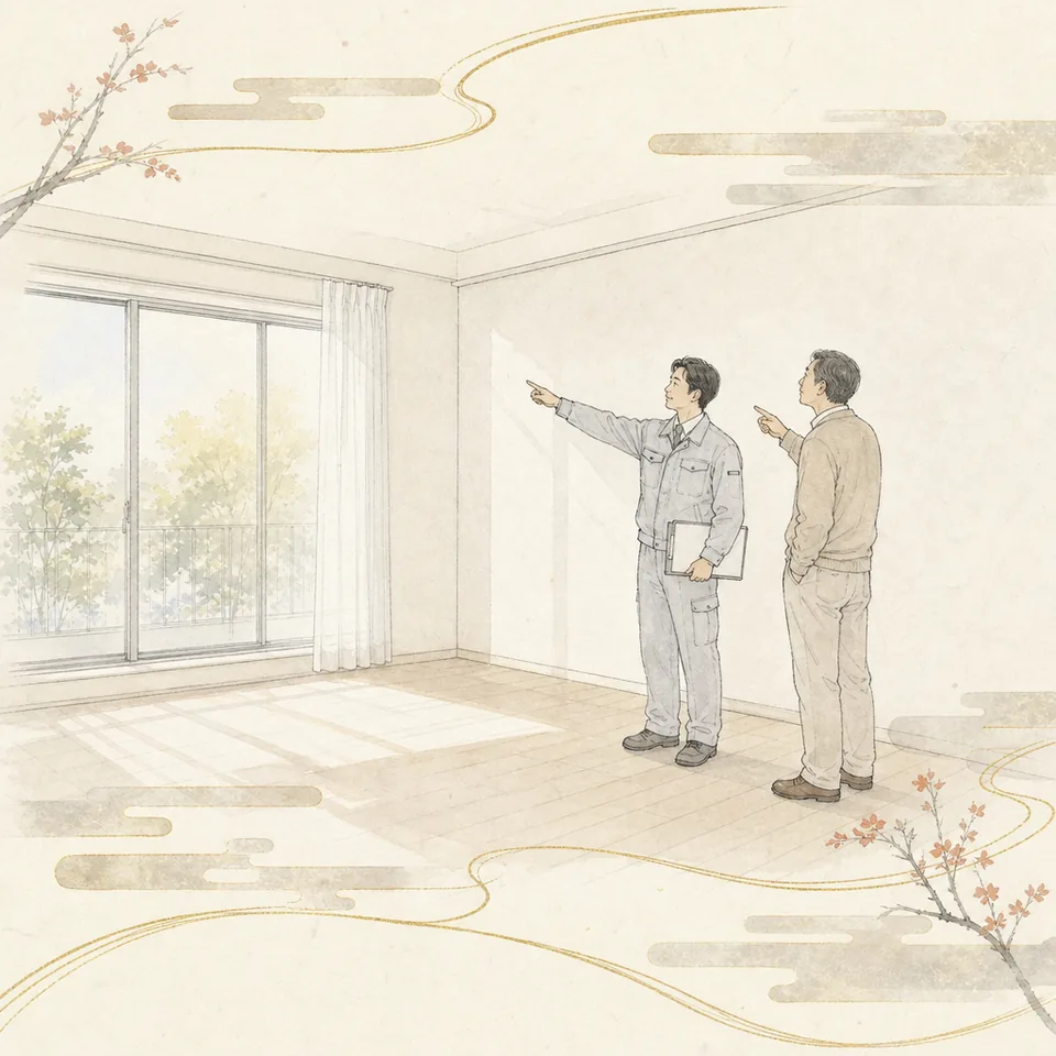 管理会社の担当者と、家具の無くなった部屋で状態を一緒に確かめている場面のイラスト
